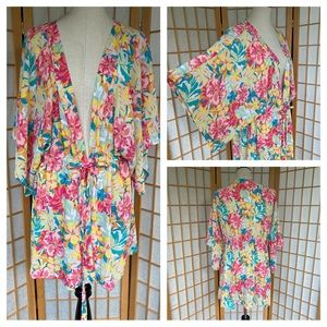 Floral Print Kimono Robe CoverUp Semi Sheer Tie Front SZ 2X-3X